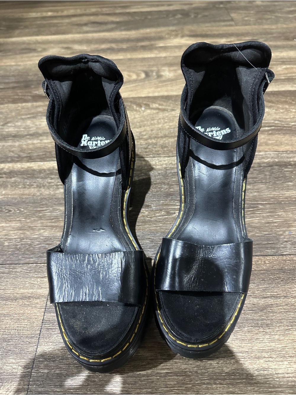 Dr. Martens Black Leather Platform Ankle-Strap Heels with Yellow Stitching